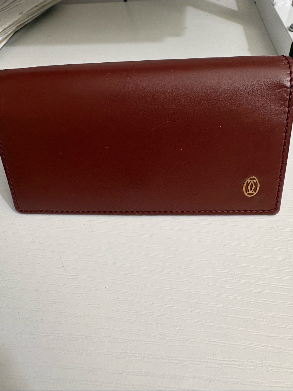 Cartier Burgundy Leather Card & Key Holder With Gold Logo - Like New